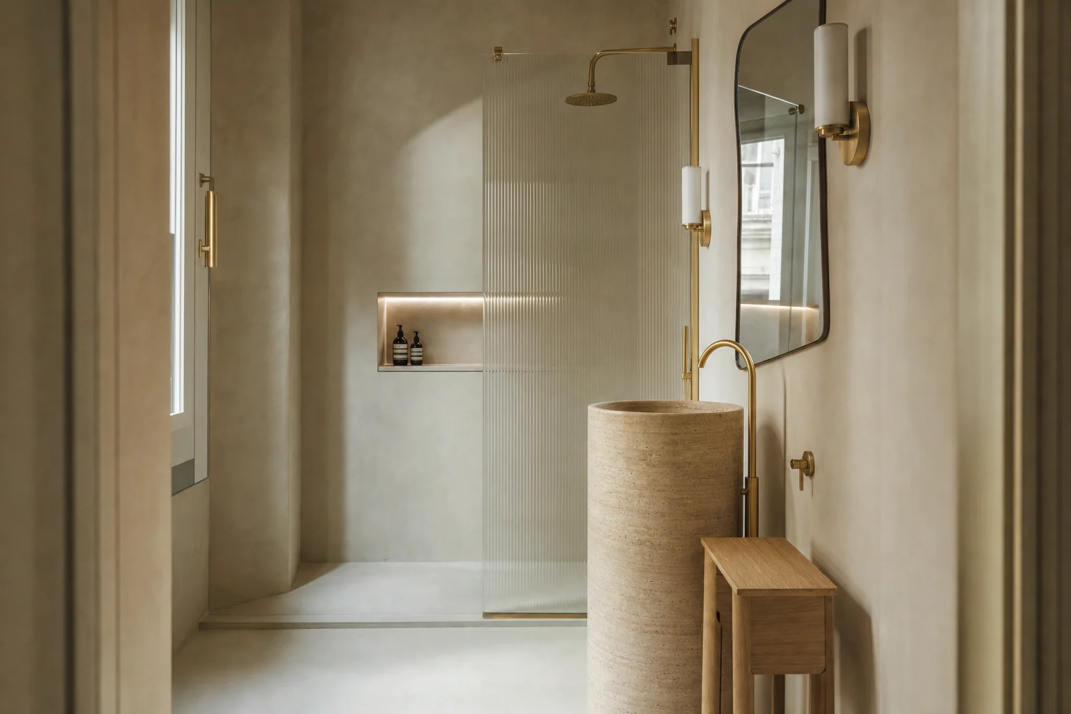 Baño con microcemento y lavabo de travertino en un proyecto de interiorismo en Madrid