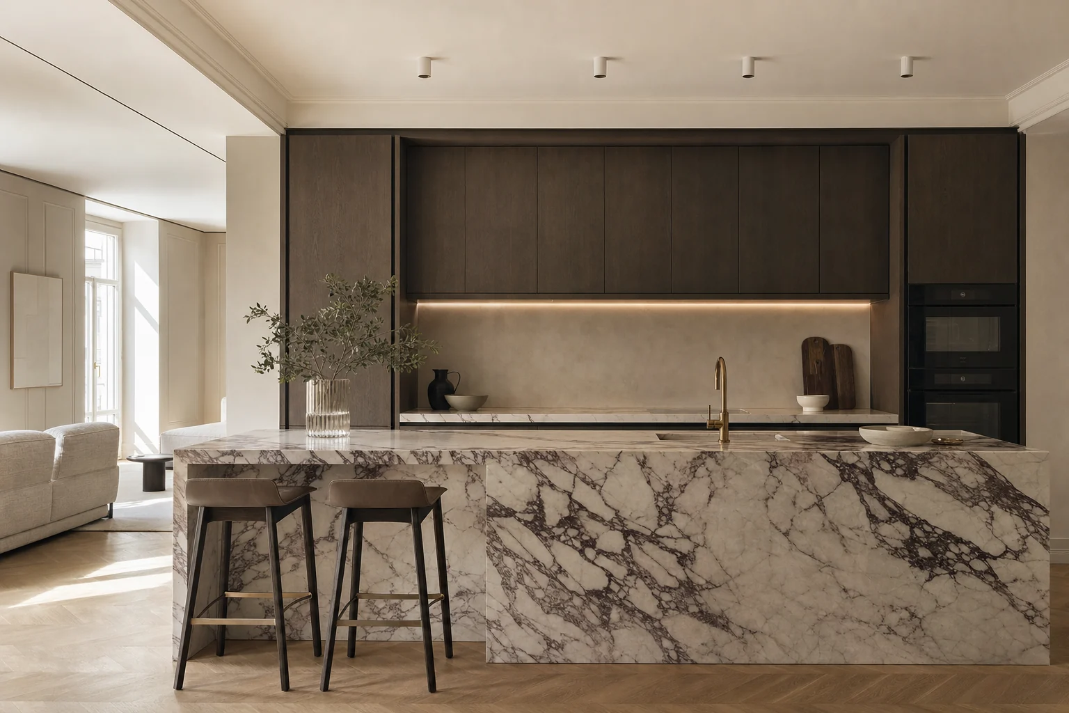 Cocina con isla de mármol en una reforma integral en Madrid
